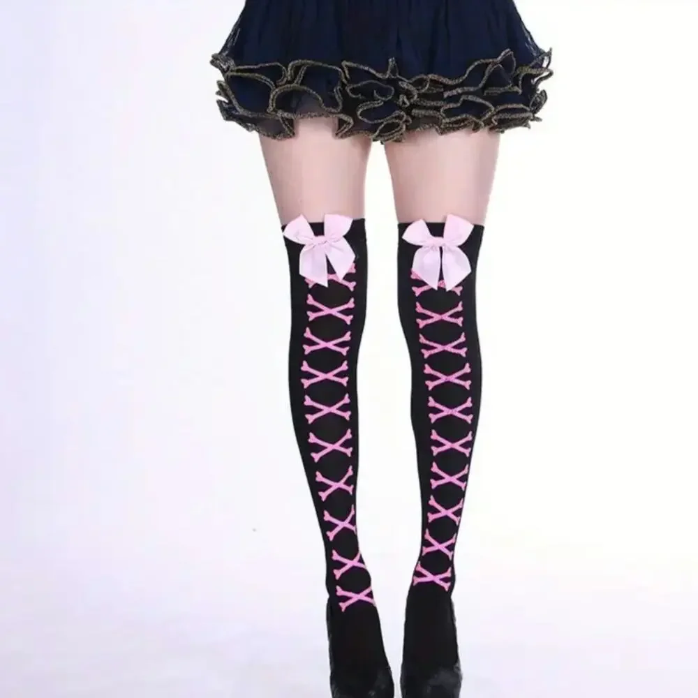 Black Bow Stockings Crossed Bones Choose Red/Pink Coquette Lolita Valentine's